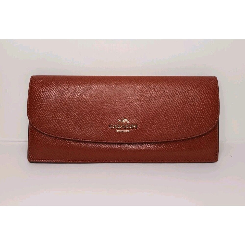 COACH Caramel Brown Crossgrain Leather Logo Flap Continental Wallet Slim Long